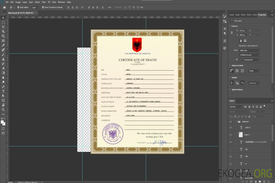 Certificat de décès de l'Albanie PSD template Certificat de décès de l'Albanie PSD template